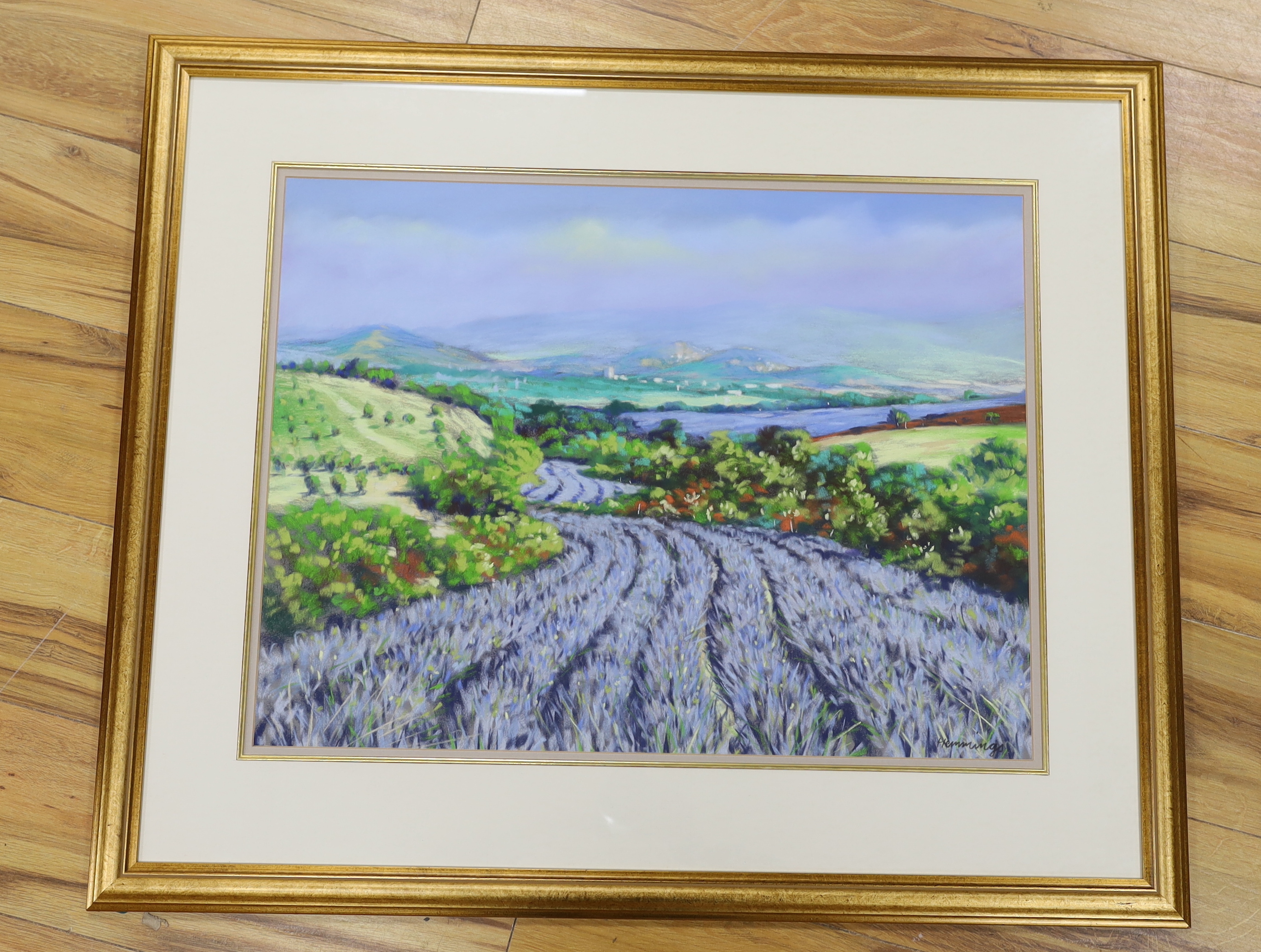 Terence Hemmings (contemporary), pastel, 'Lavender fields of Tuscany', signed, details verso, 47 x 63cm
